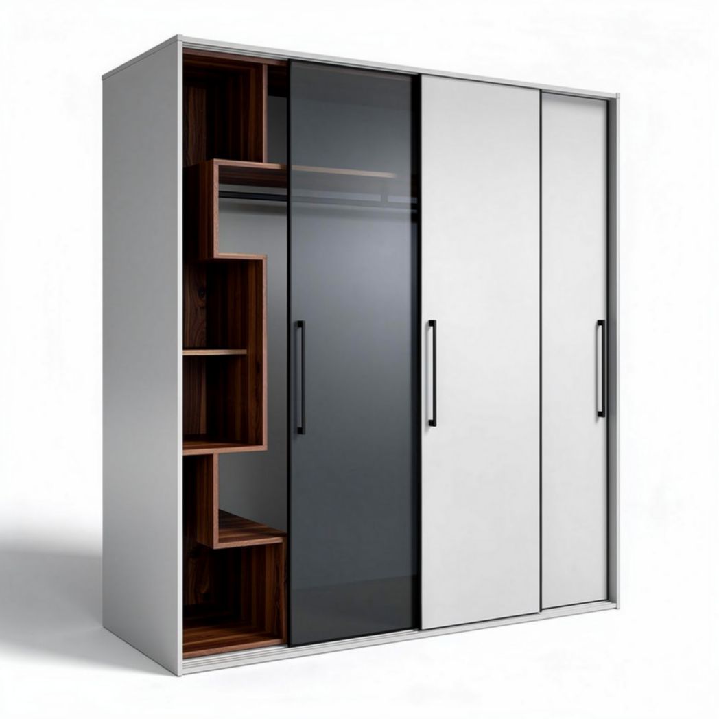 Sliding door wardrobe with shelving unit in white and wood finish 200 x 70 x 220cm