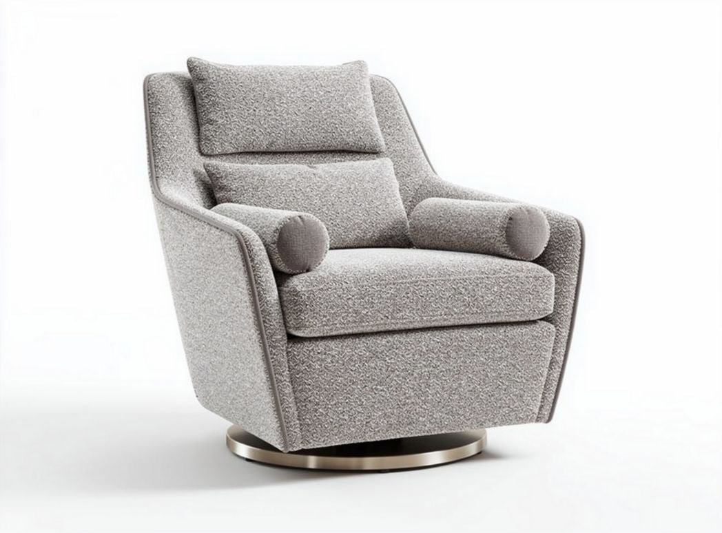 Swivel accent chair in light gray fabric with round base and lumbar support