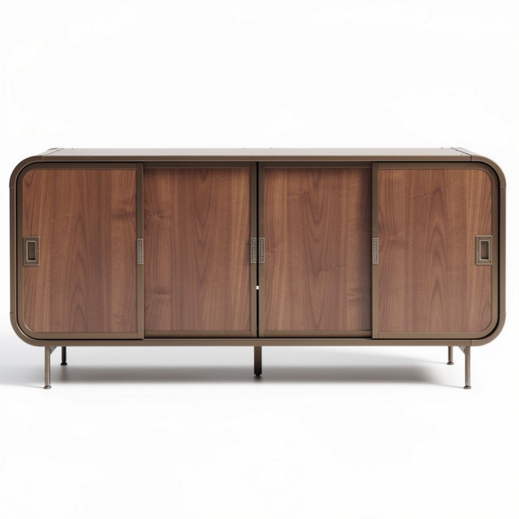 Wooden sideboard storage cabinet with four doors and metal legs 150 x 50 x 75cm