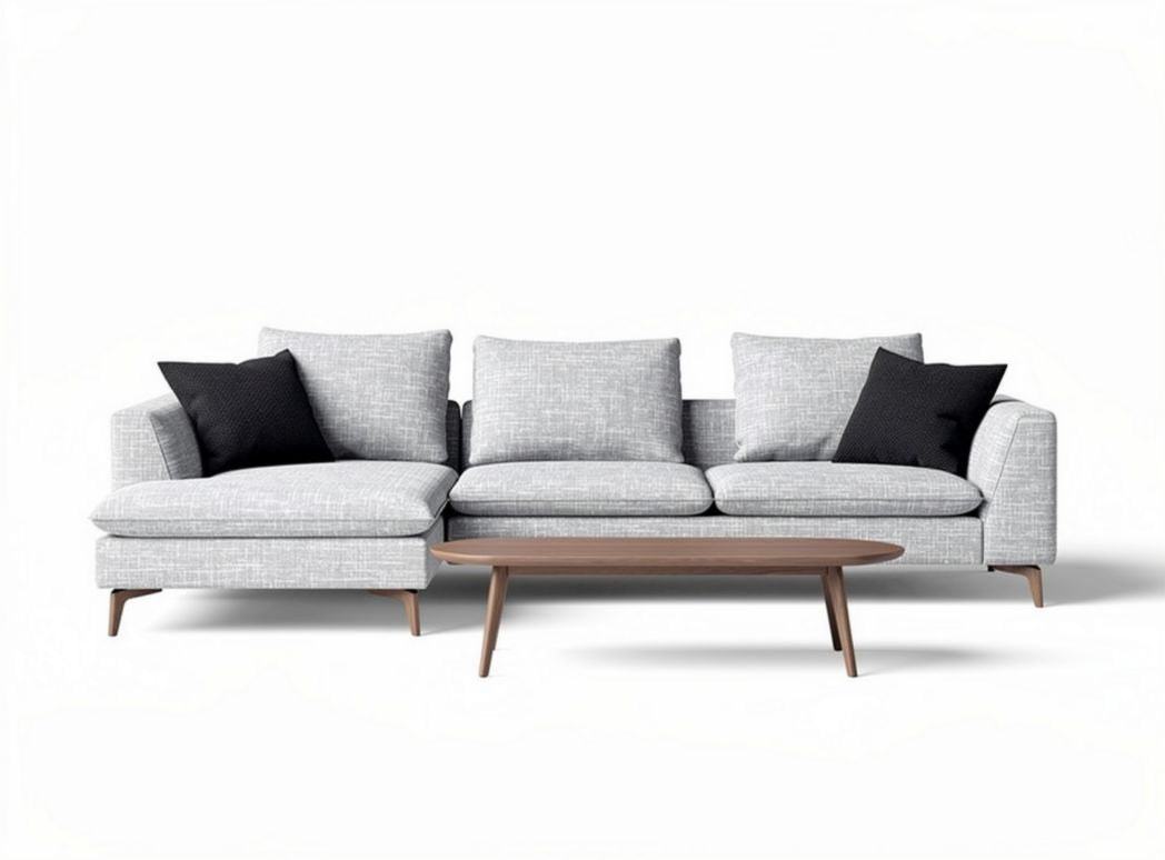 Contemporary sectional sofa in light gray fabric with walnut legs and cushions
