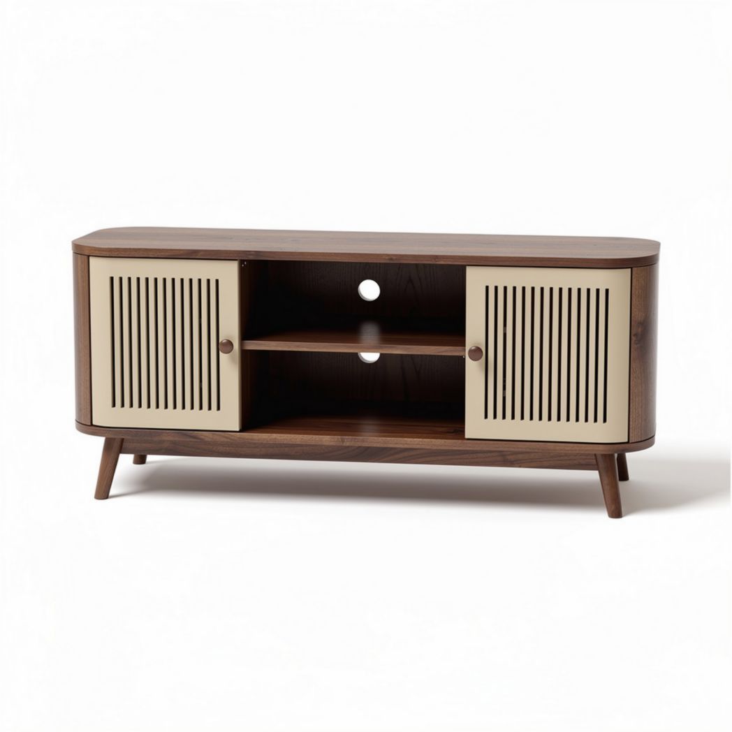 Wooden media console with sliding doors in walnut and cream finish 120 x 40 x 50cm