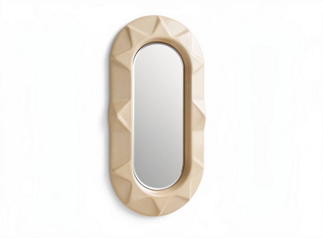 Textured oval wall mirror with resin frame in beige 80 x 40 x 3cm