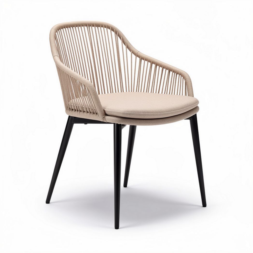 Rope dining chair with cushioned seat in beige and black metal legs 60 x 60 x 80cm