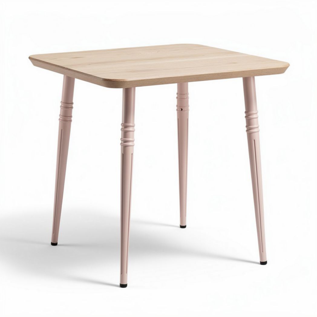 Bamboo top table with pink metal legs for dining or home use 75 x 75 x 75cm