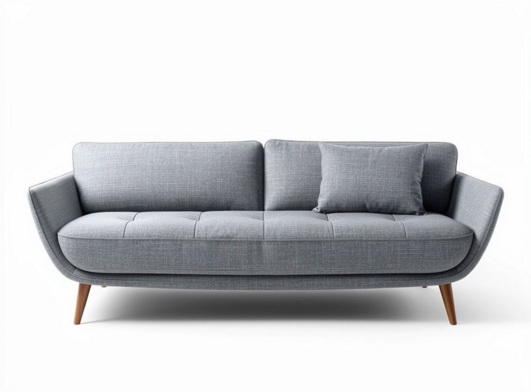 Modern grey fabric sofa with wooden legs and decorative pillow 210 x 90 x 85cm